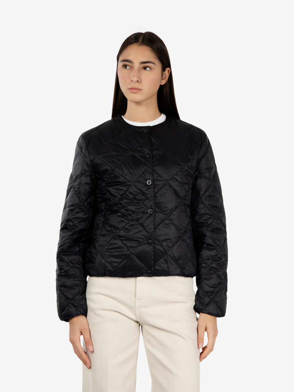 Black crew neck tapered down jacket