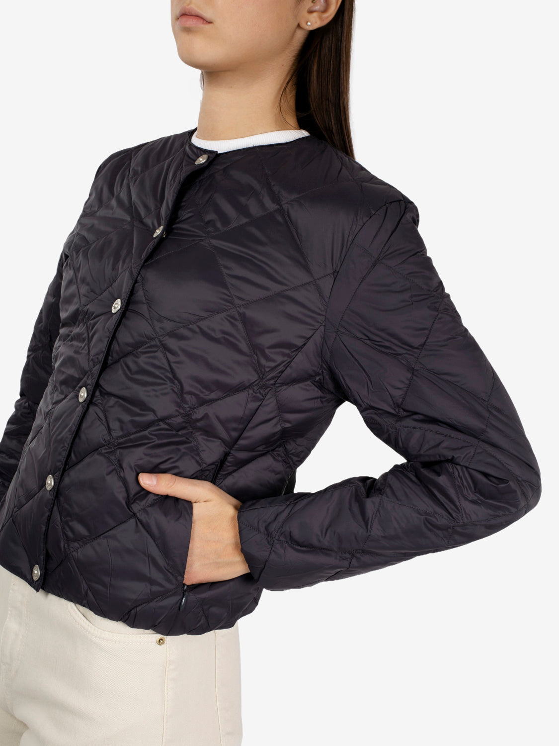Crew neck tapered down jacket dark charcoal