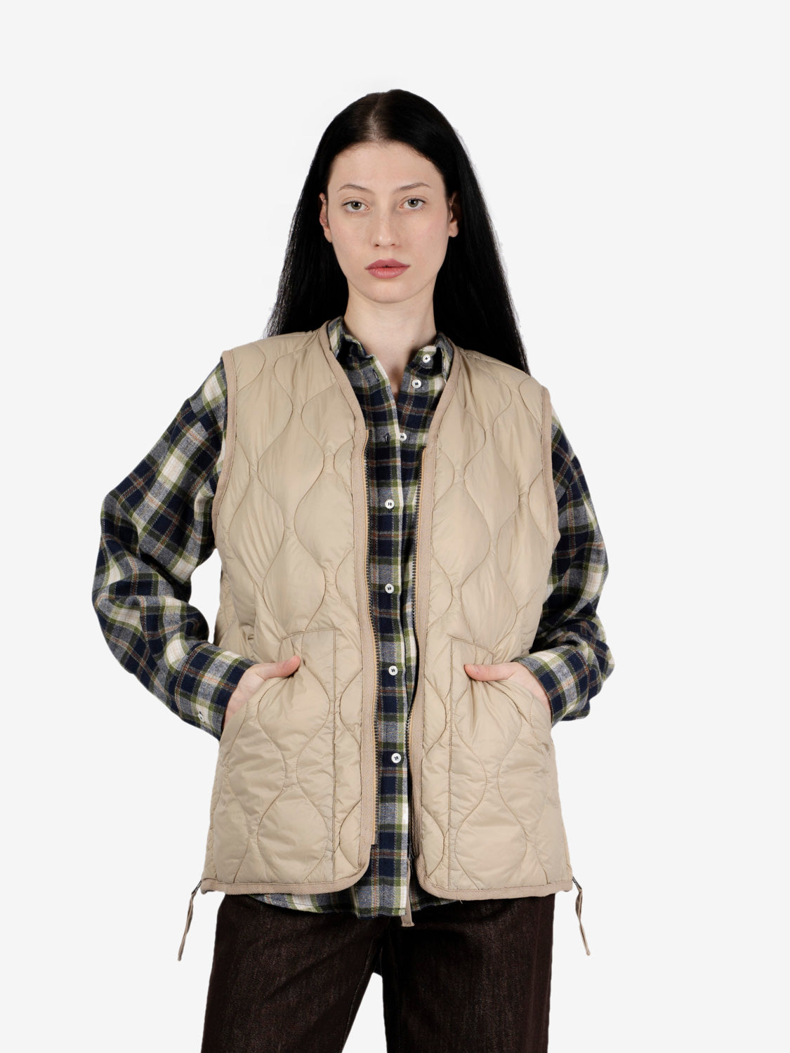 Military V neck w-zip down vest beige