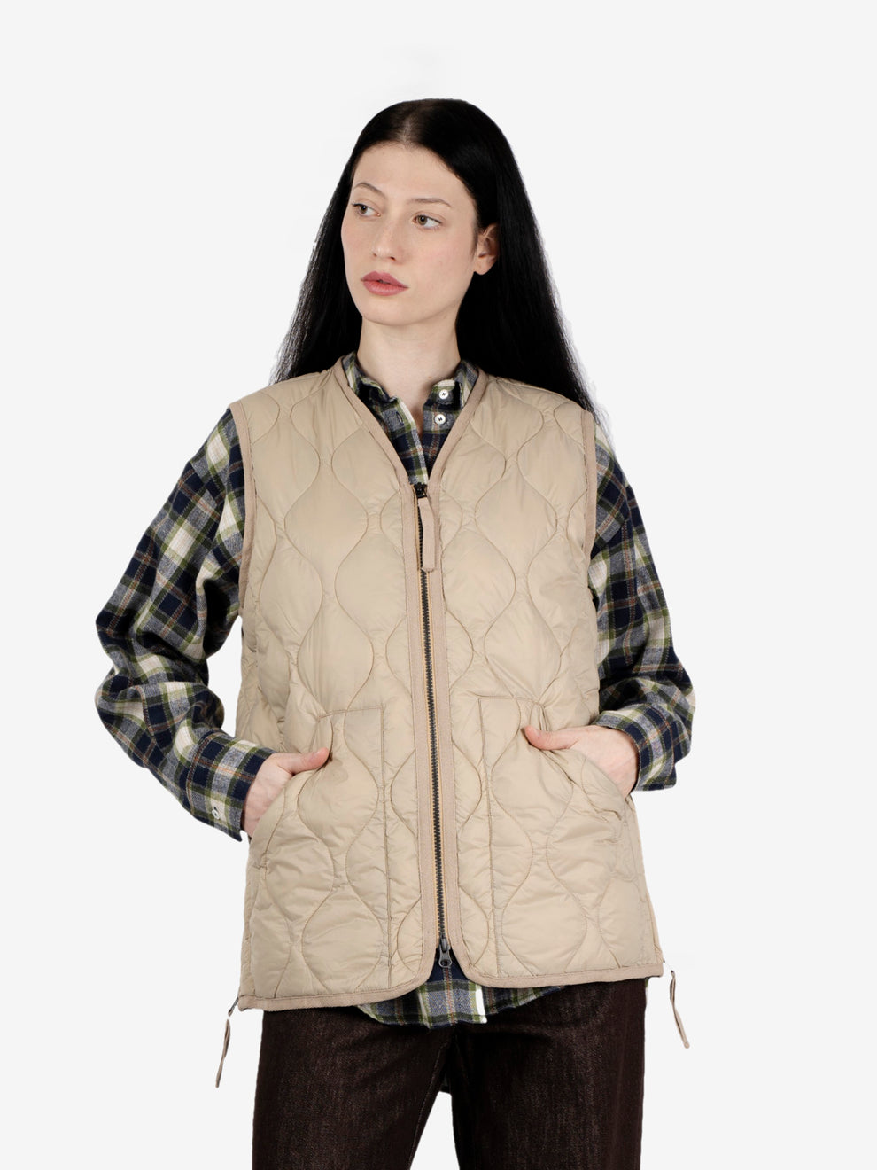 Military V neck w-zip down vest beige
