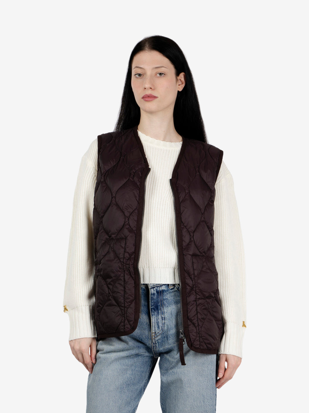 Gilet imbottito con zip a doppia via e scollo a V, stile militare, color cioccolato scuro