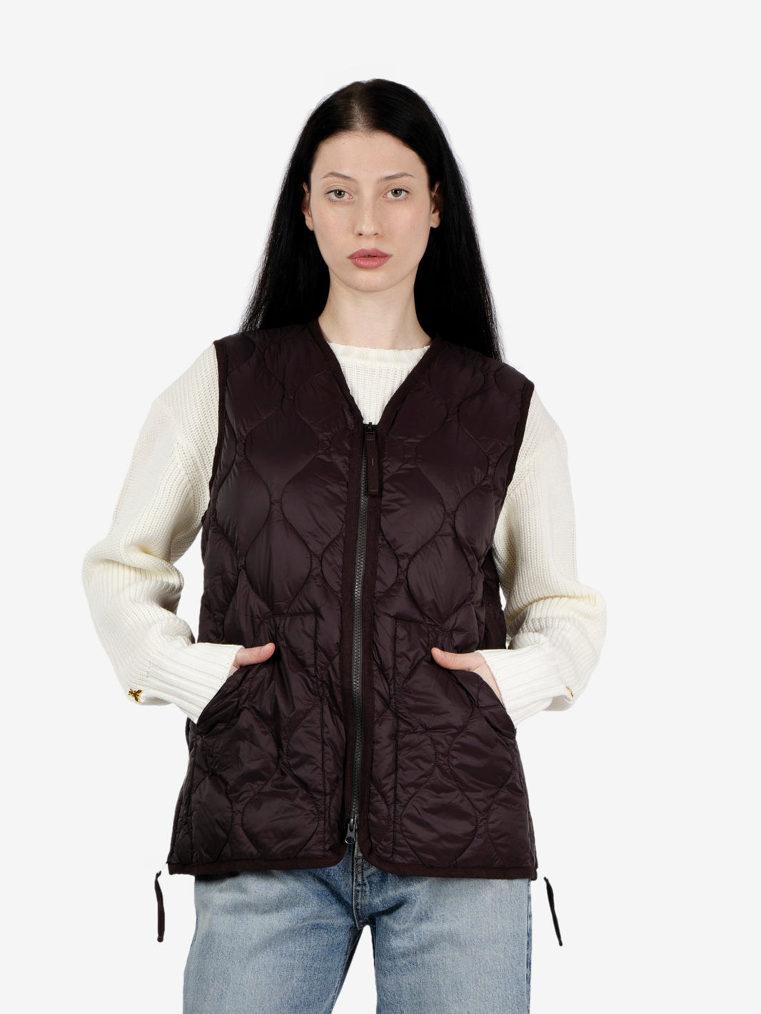 Gilet imbottito con zip a doppia via e scollo a V, stile militare, color cioccolato scuro