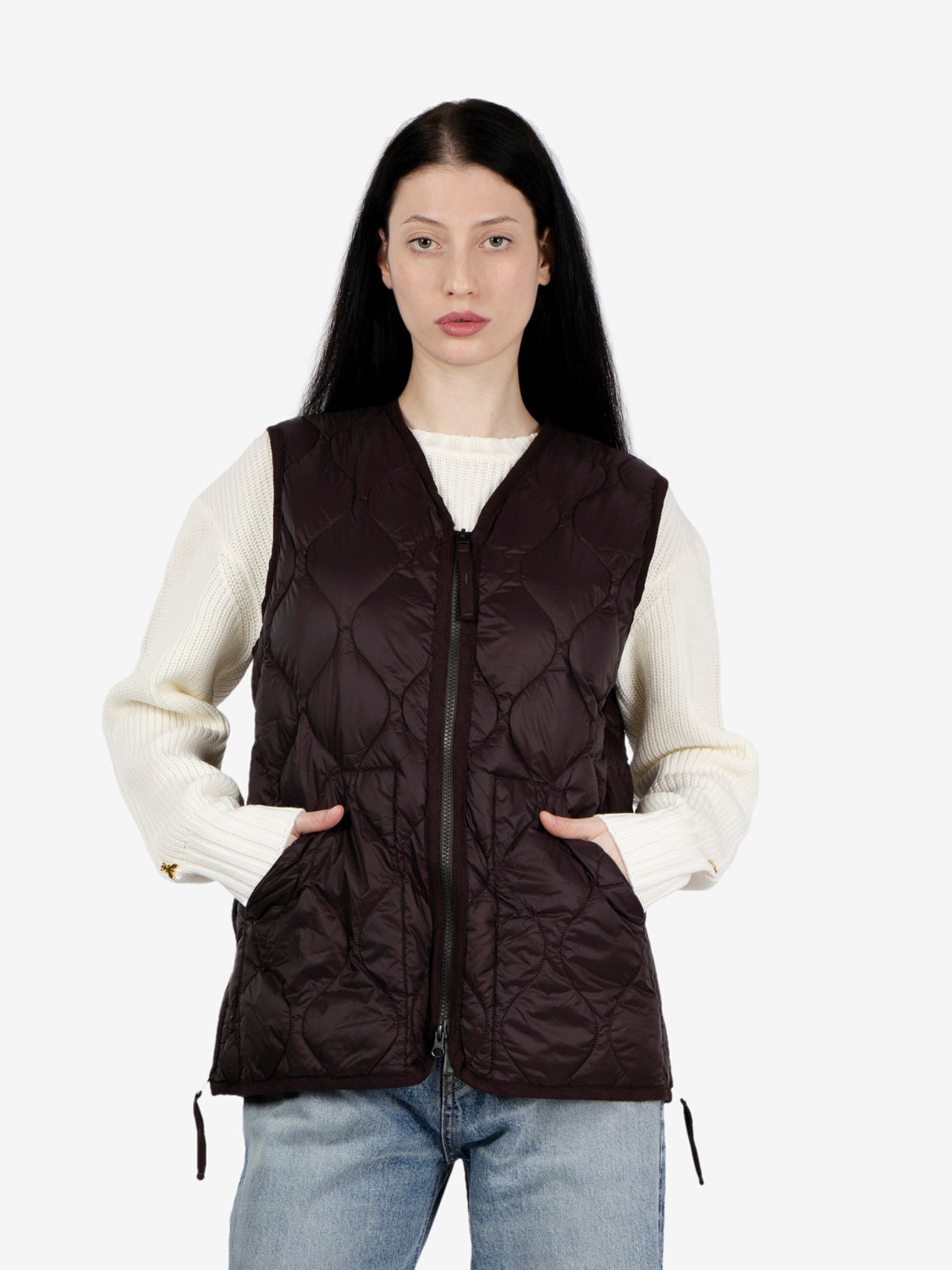 Military V neck w-zip down vest dark choco