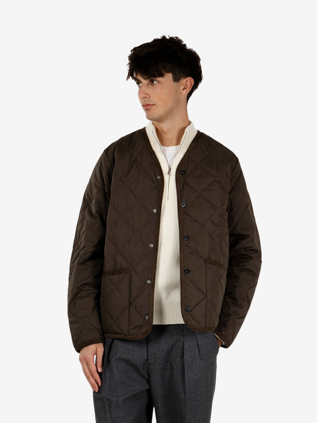 Piping V Neck Down cardigan dark olive