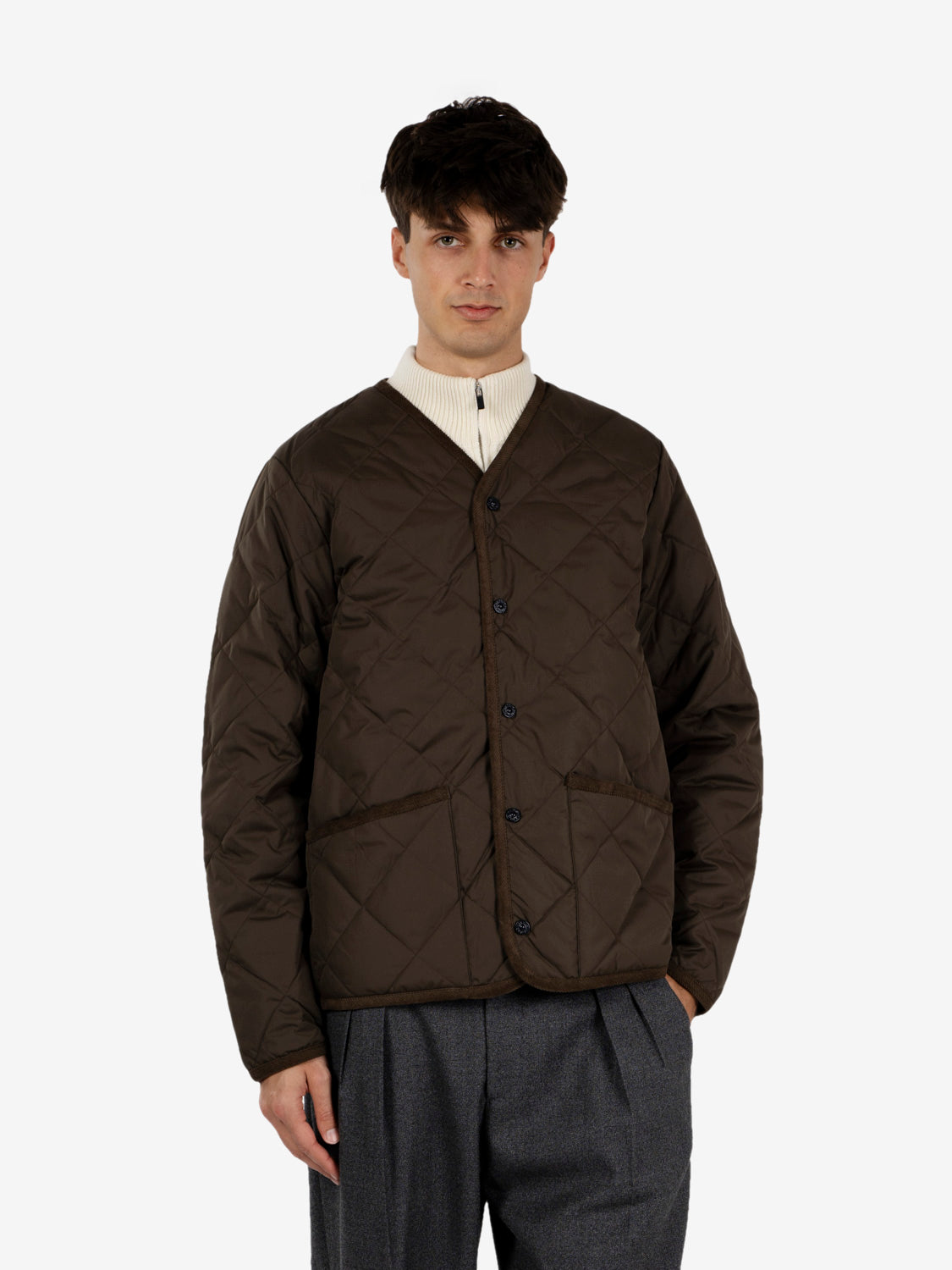 Piping V Neck Down cardigan dark olive