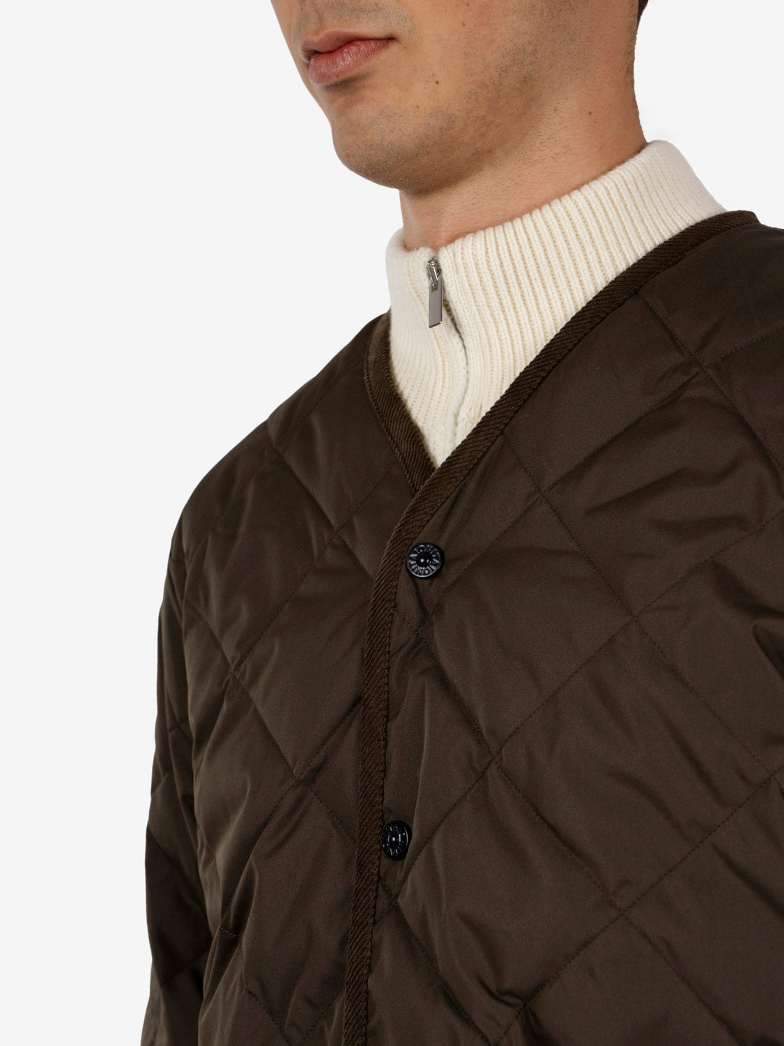 Piping V Neck Down cardigan dark olive