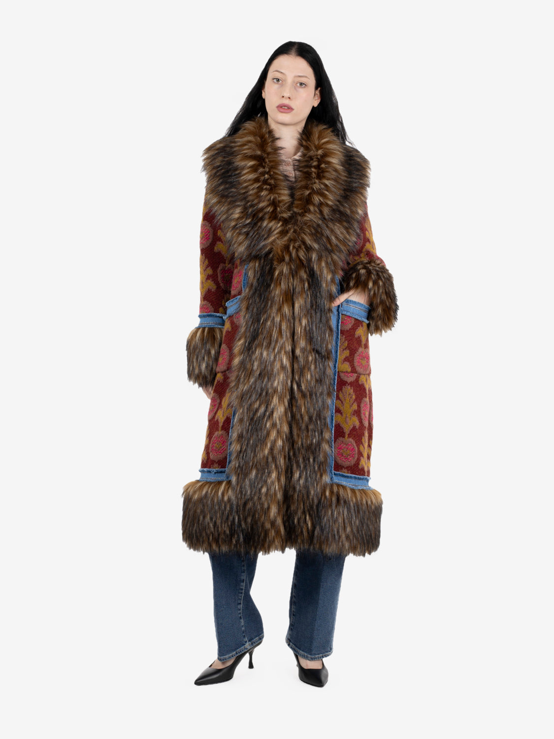 Cappotto lungo con pelliccia burgundy
