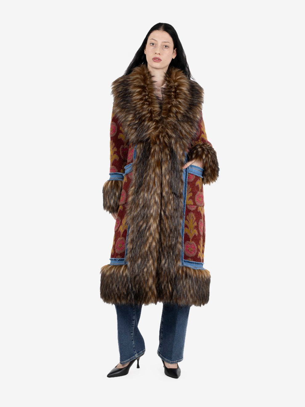 Cappotto lungo con pelliccia burgundy