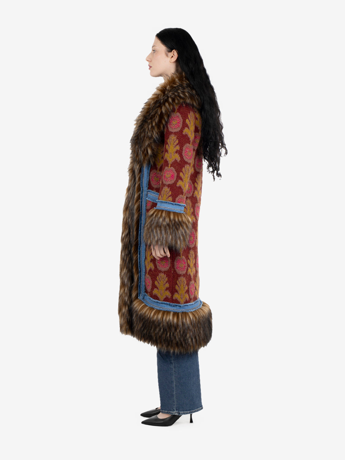 Cappotto lungo con pelliccia burgundy