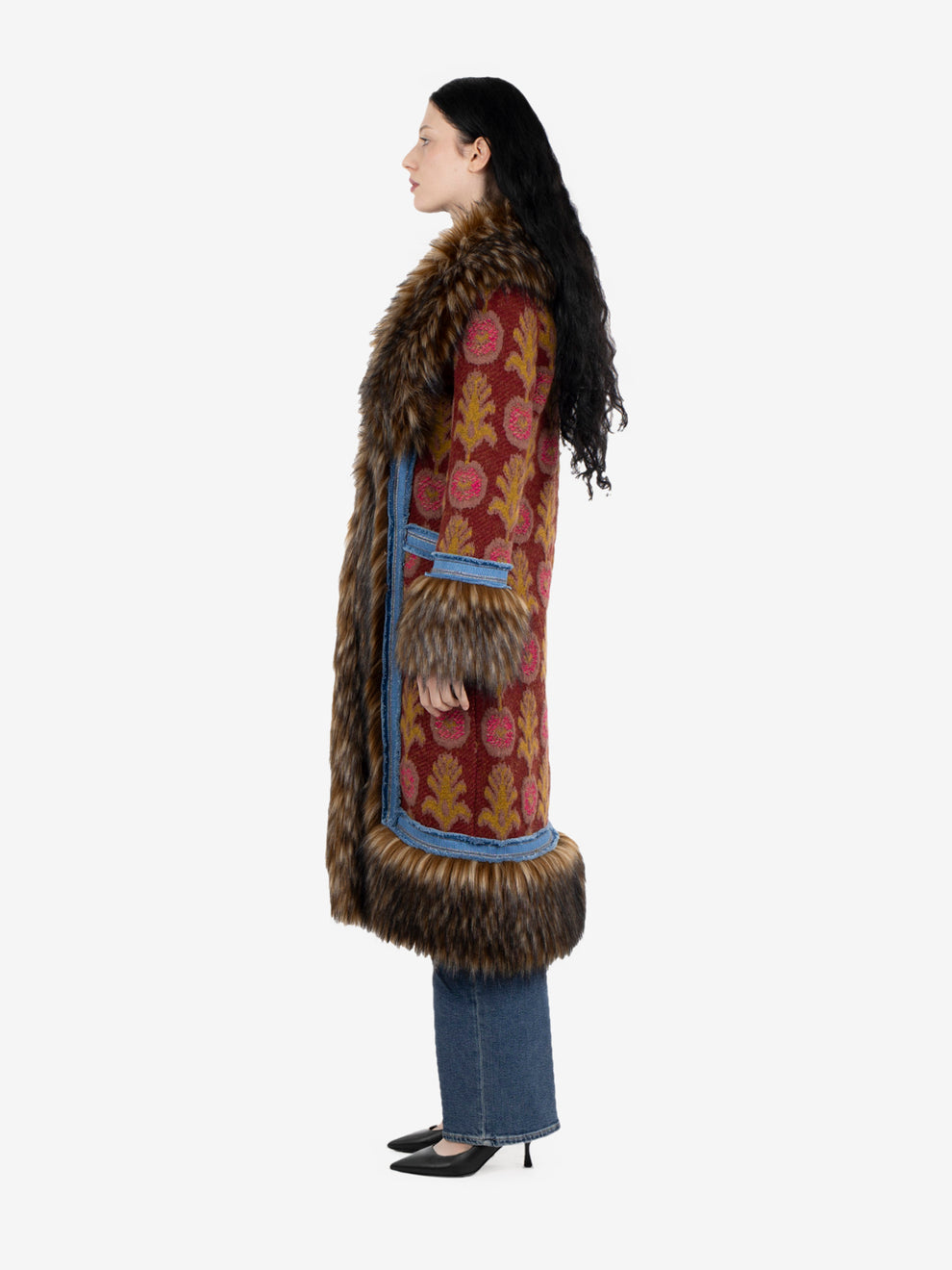 Cappotto lungo con pelliccia burgundy