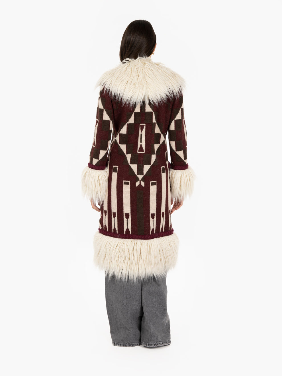 Odetta long coat with burgundy fur