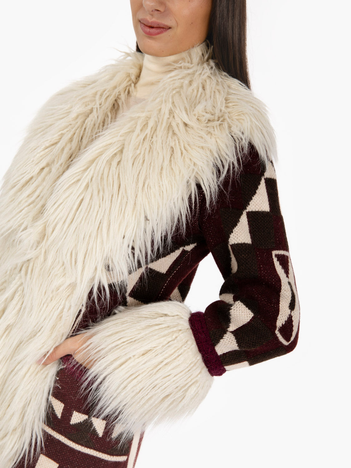 Odetta long coat with burgundy fur