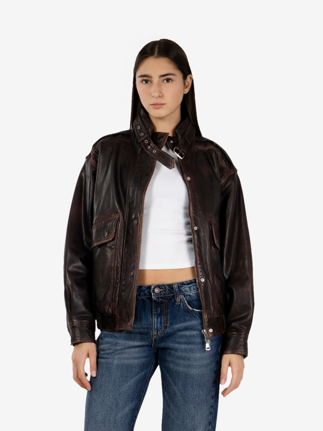 Giacca in pelle Guenda aviator dark brown