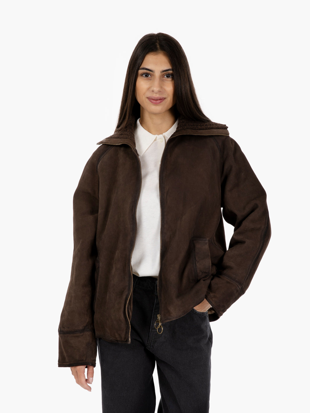 Giacca scamosciata con collo in maglia dark brown
