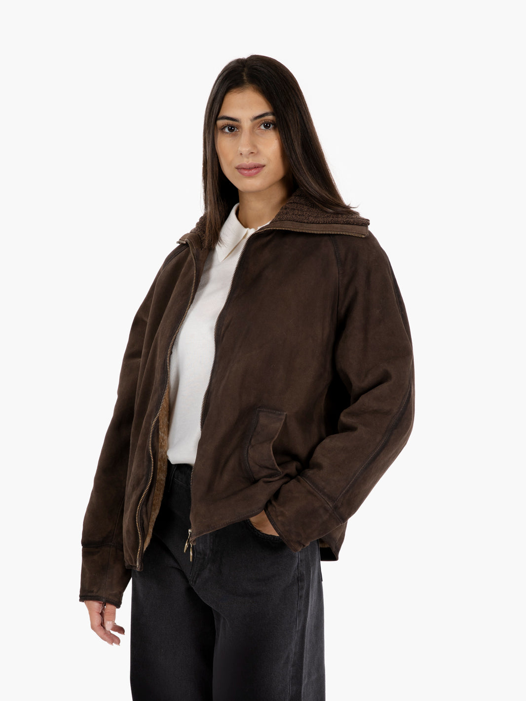 Giacca scamosciata con collo in maglia dark brown