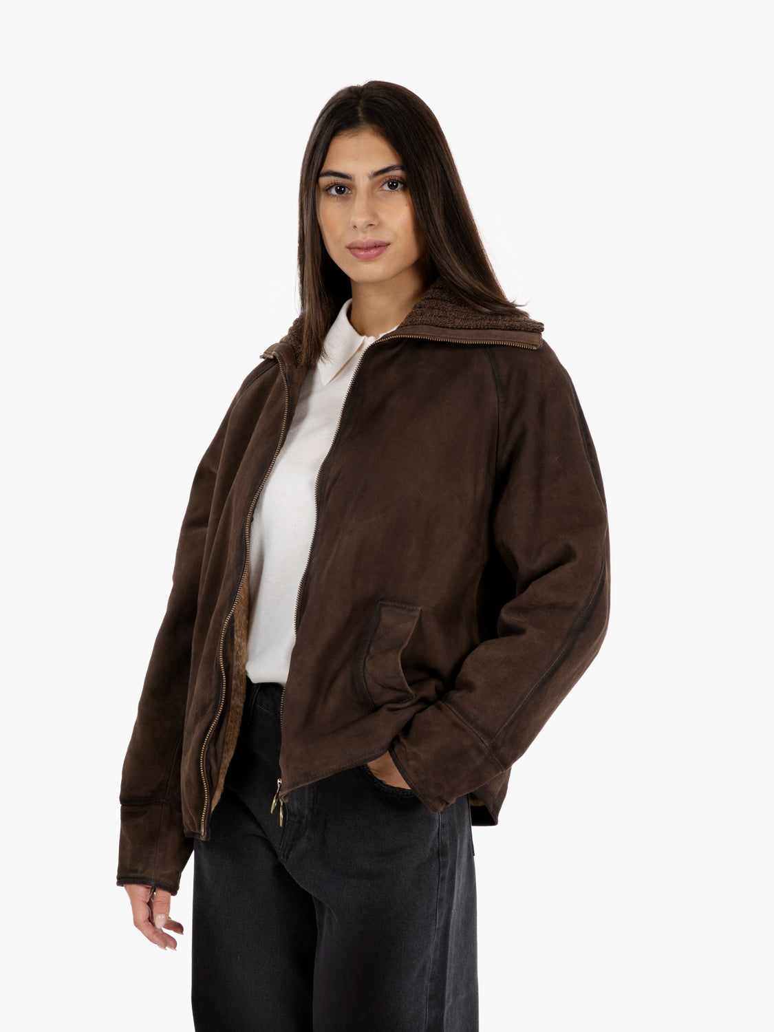 Giacca scamosciata con collo in maglia dark brown