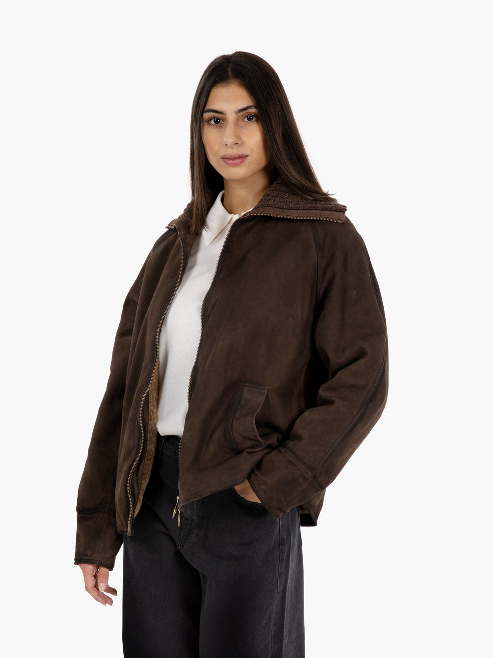 Giacca scamosciata con collo in maglia dark brown