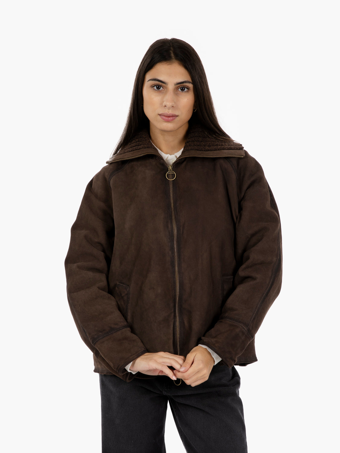 Giacca scamosciata con collo in maglia dark brown