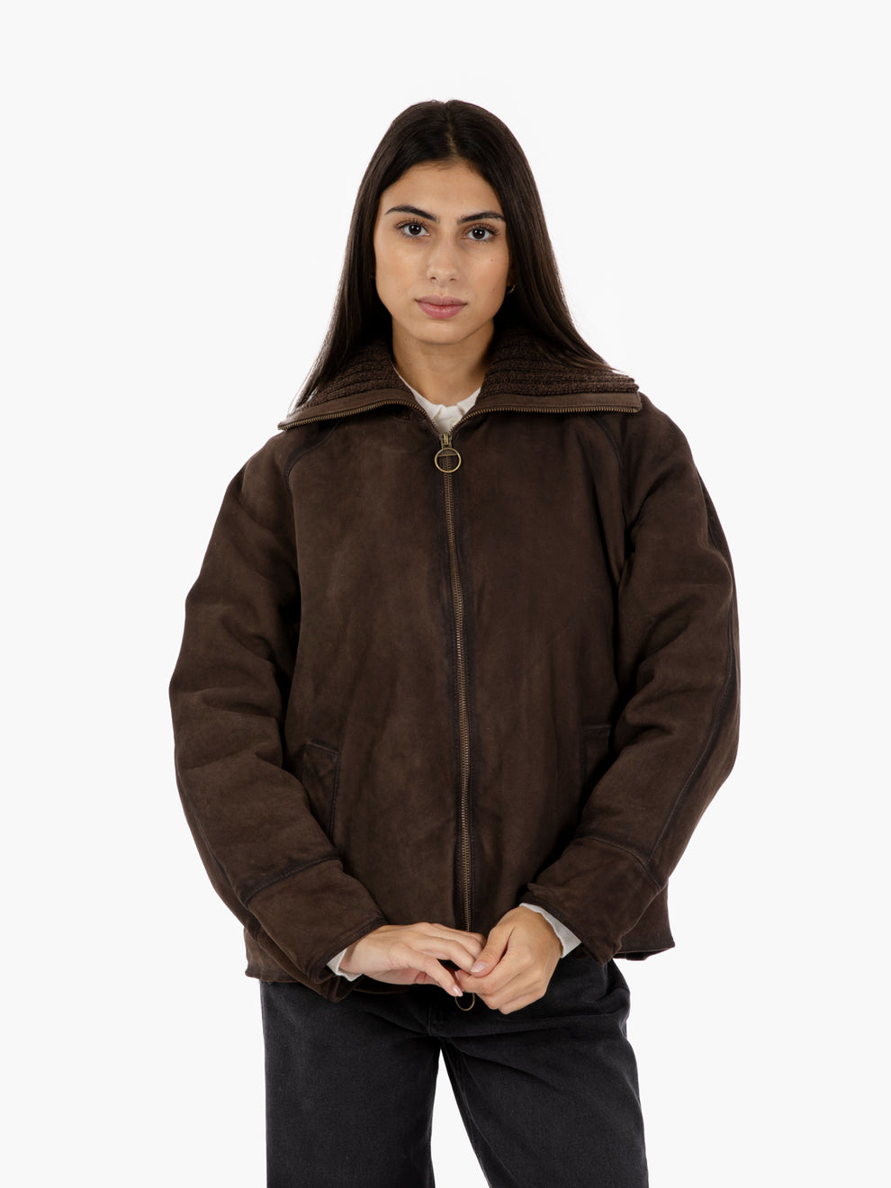 Giacca scamosciata con collo in maglia dark brown