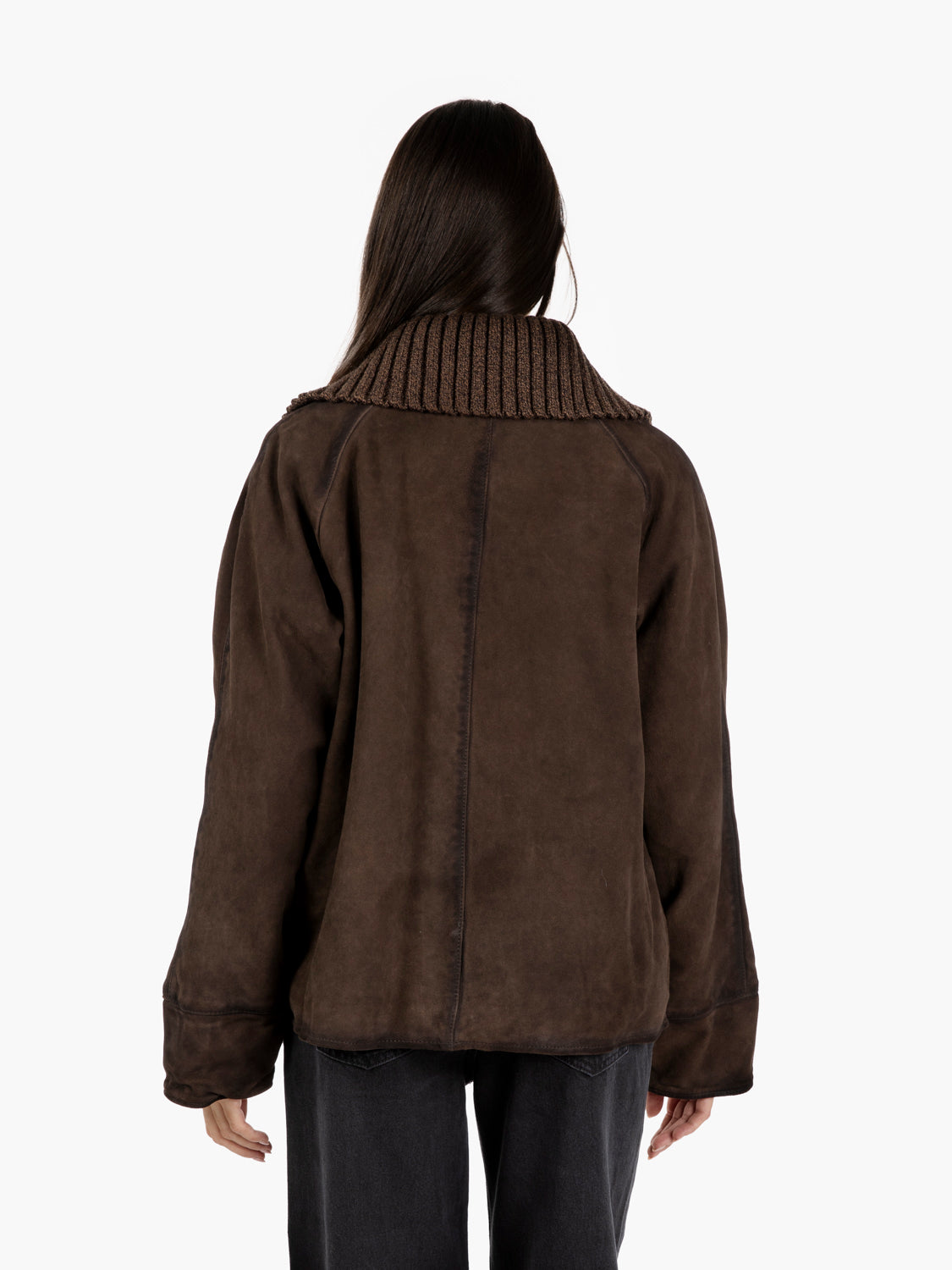 Giacca scamosciata con collo in maglia dark brown
