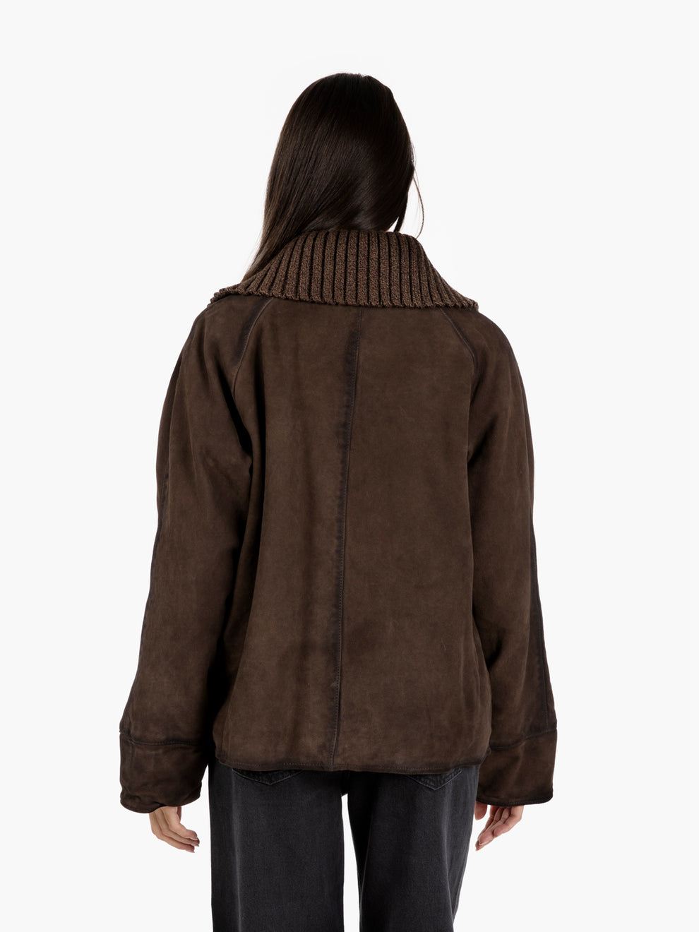 Giacca scamosciata con collo in maglia dark brown