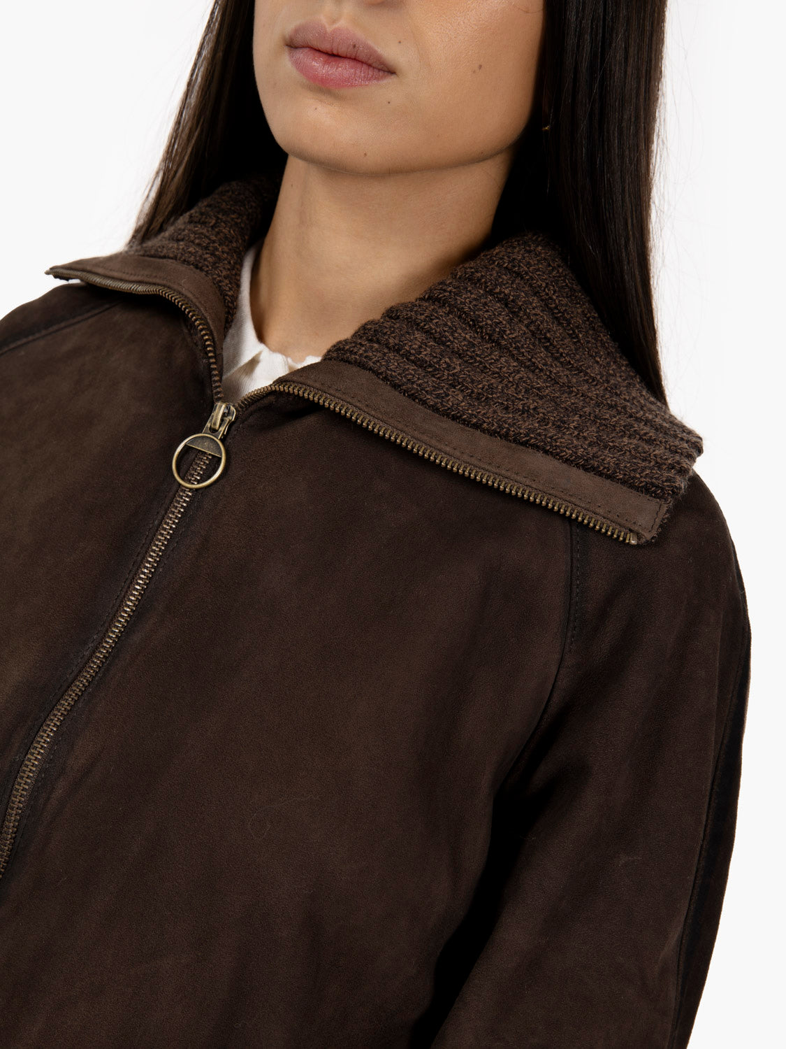 Giacca scamosciata con collo in maglia dark brown