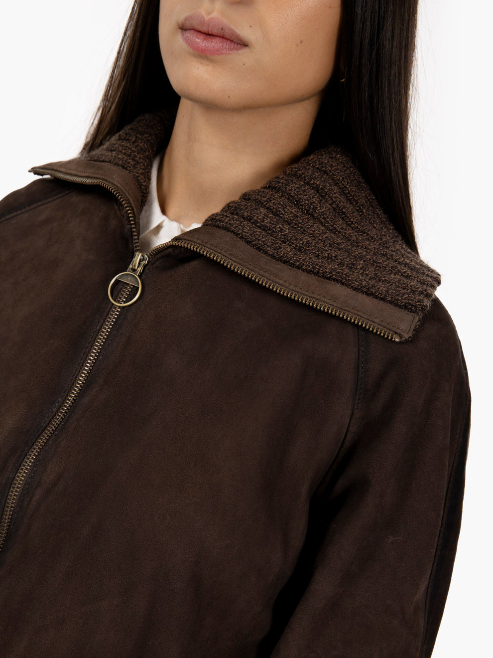 Giacca scamosciata con collo in maglia dark brown