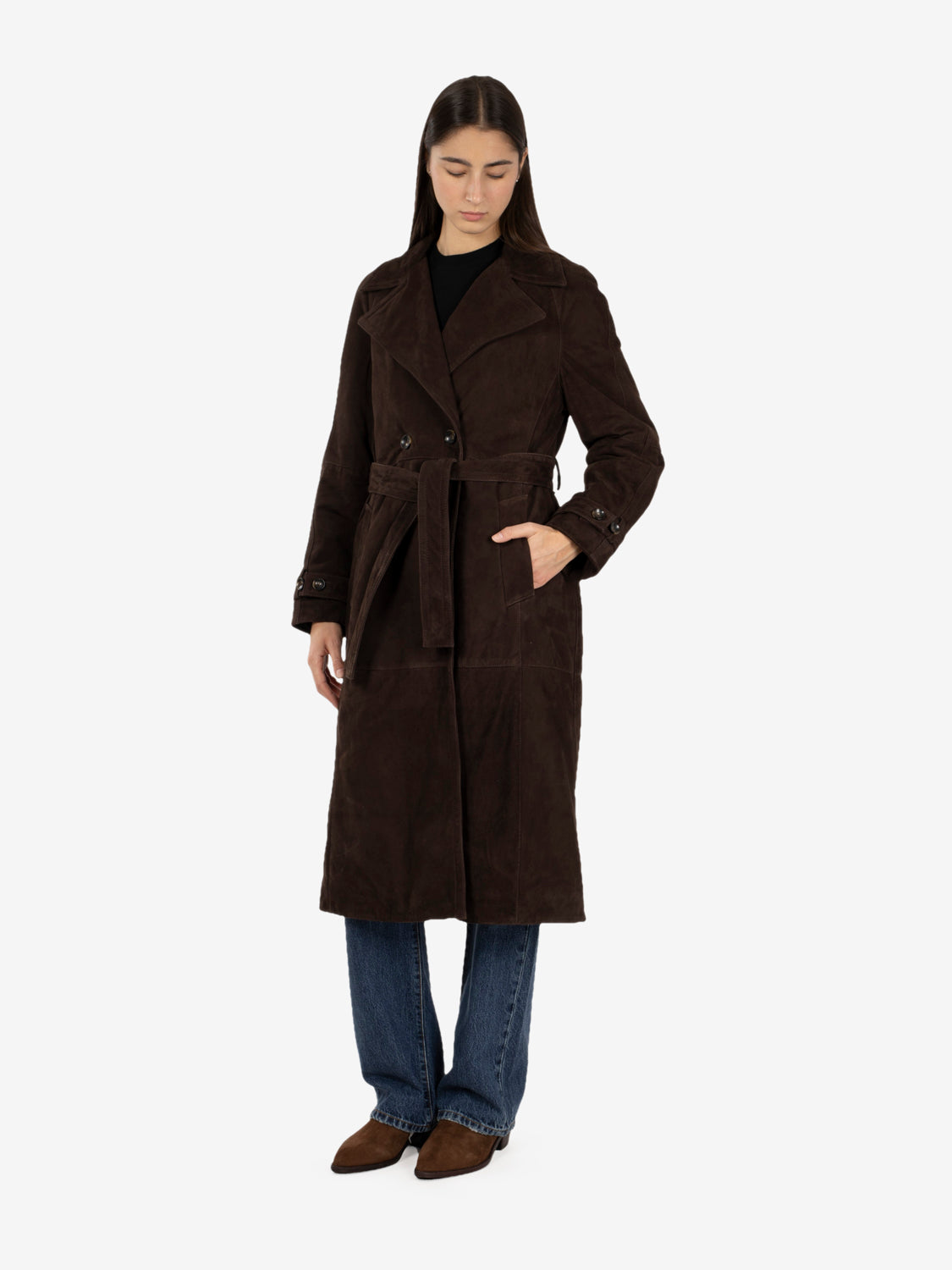Trench in pelle scamosciata moka