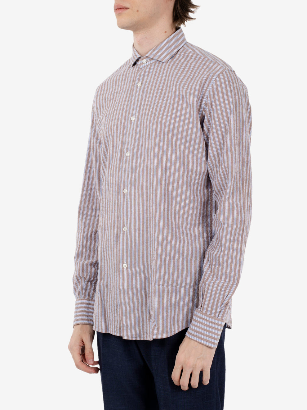 Camicia a righe seersucker marrone / azzurro