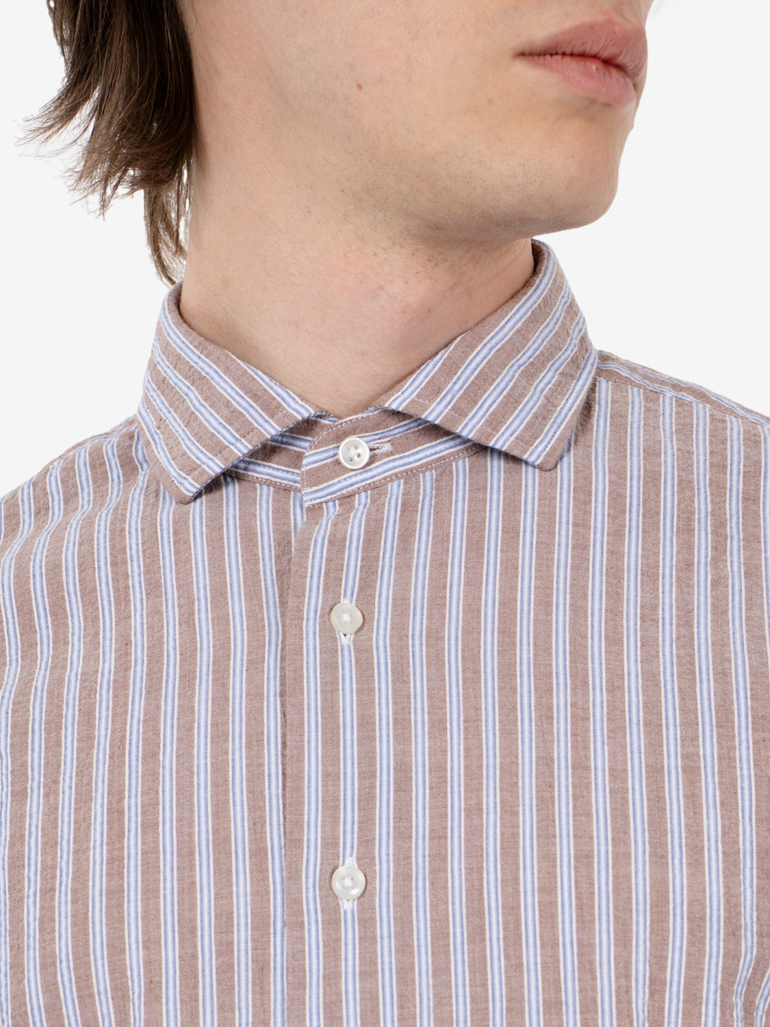 Camicia a righe seersucker marrone / azzurro