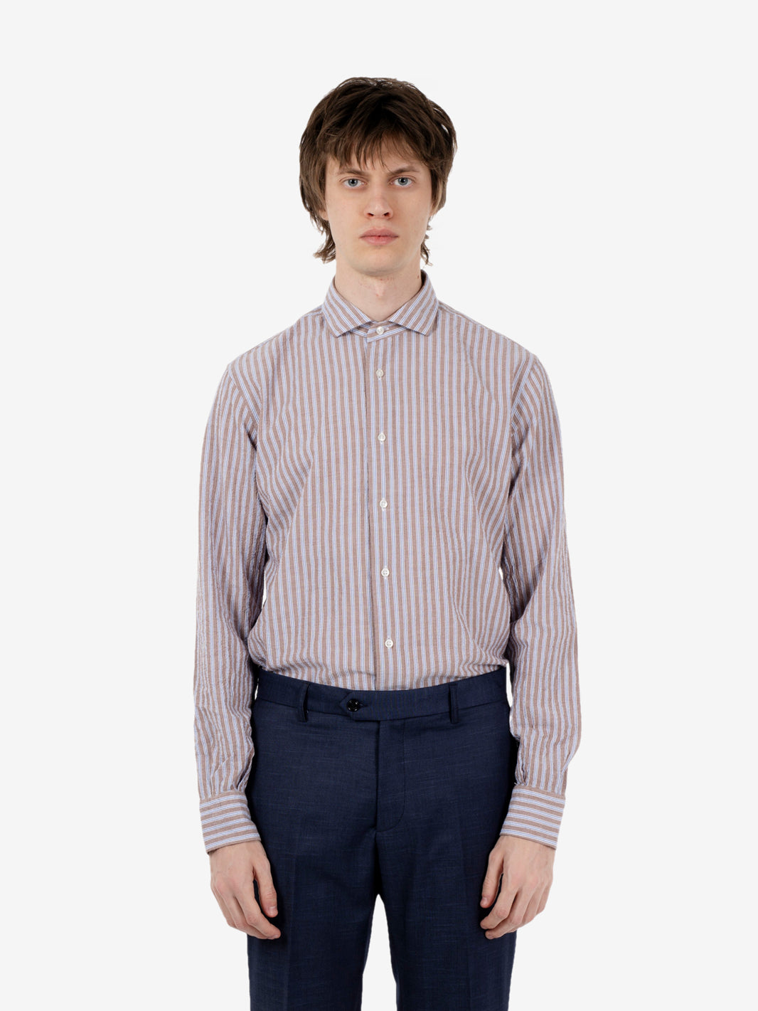 Camicia a righe seersucker marrone / azzurro
