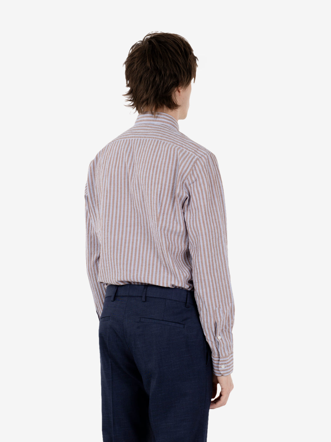 Camicia a righe seersucker marrone / azzurro