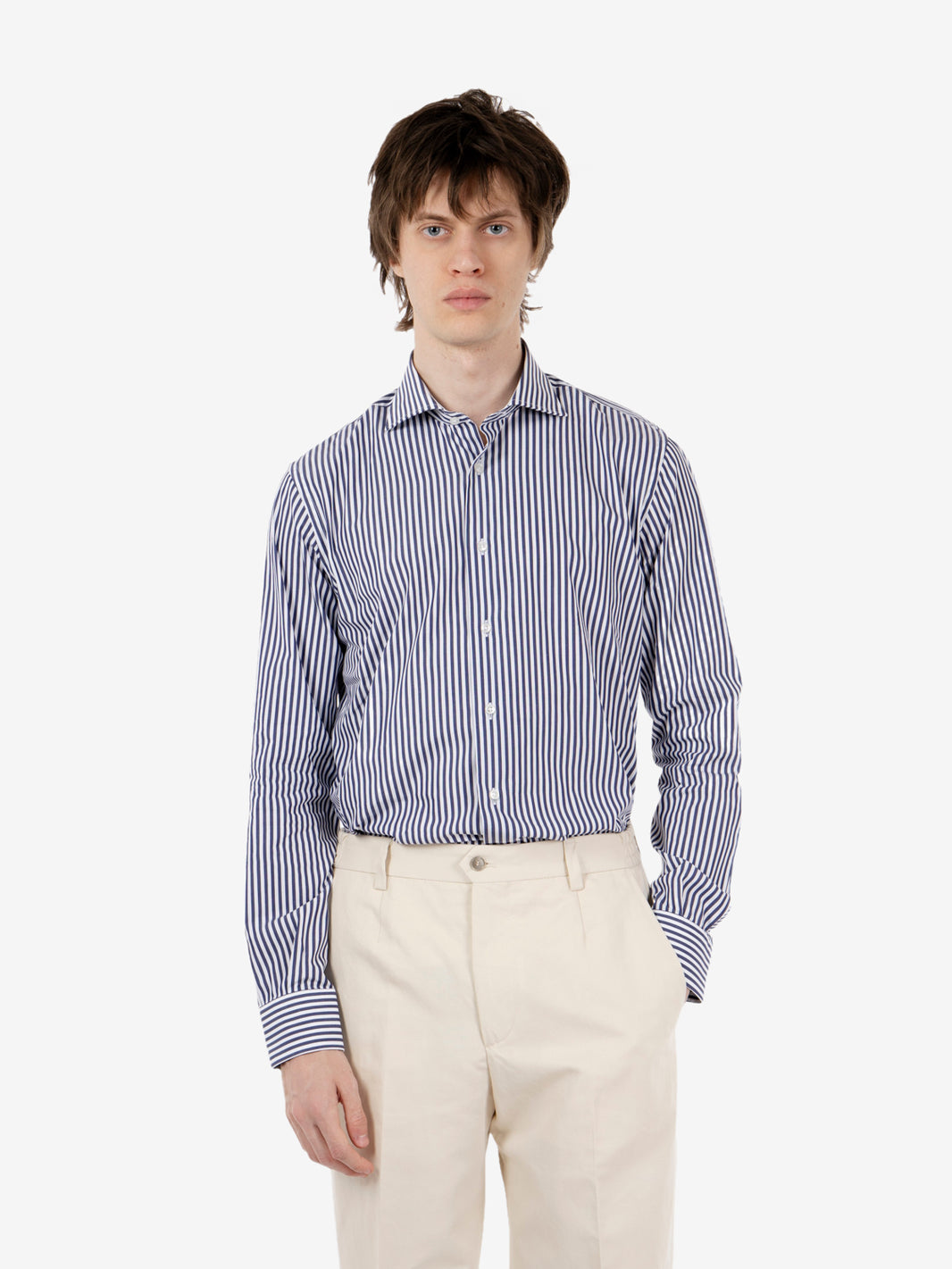 Camicia in cotone a righe blu / bianco