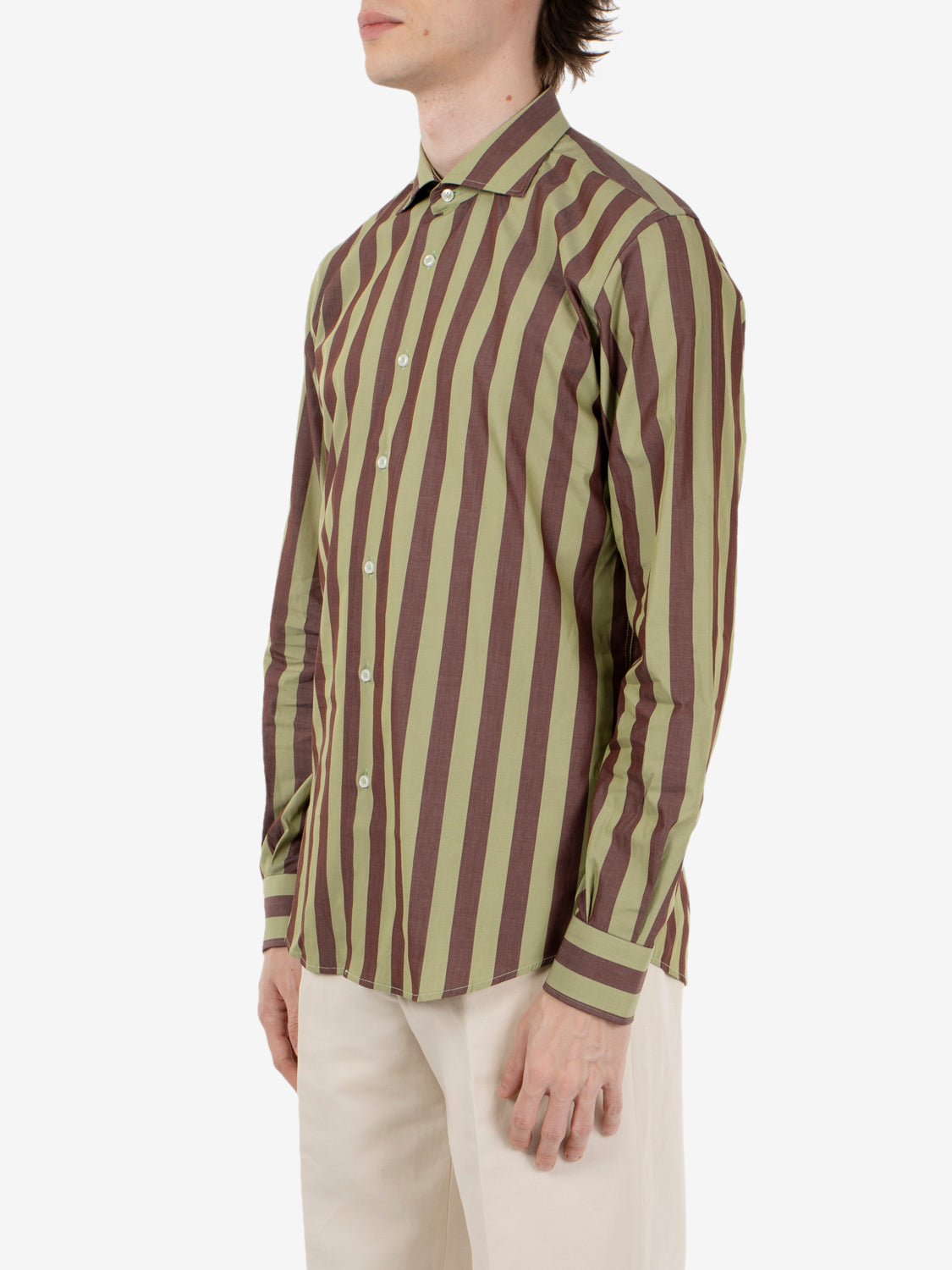 Camicia in cotone a righe verde / marrone