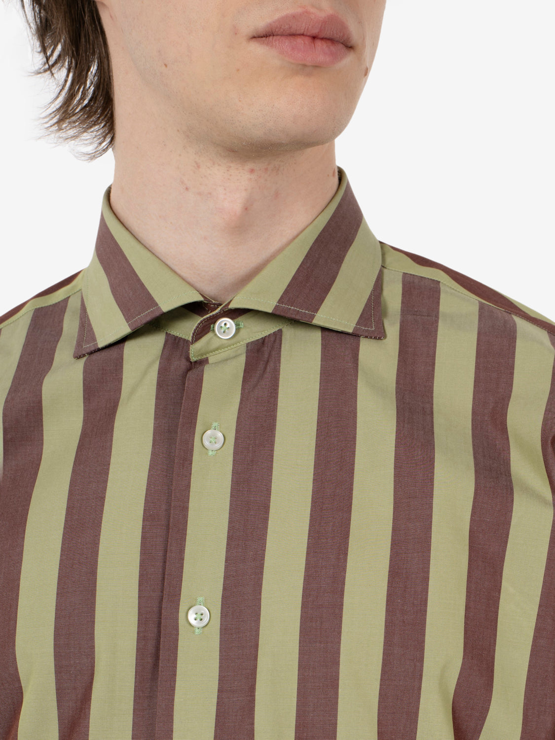 Camicia in cotone a righe verde / marrone