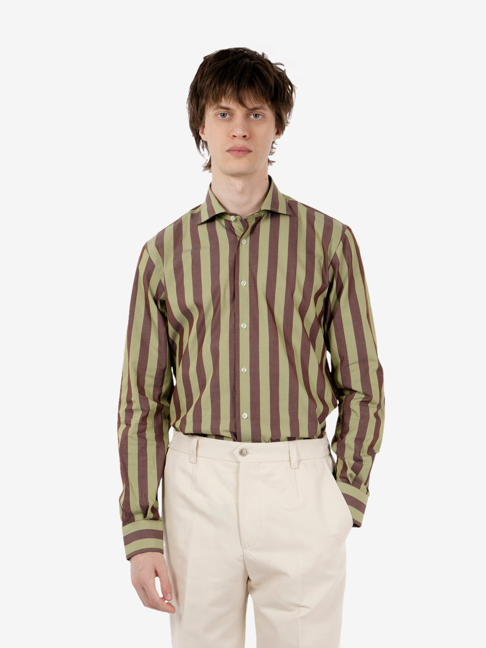 Camicia in cotone a righe verde / marrone