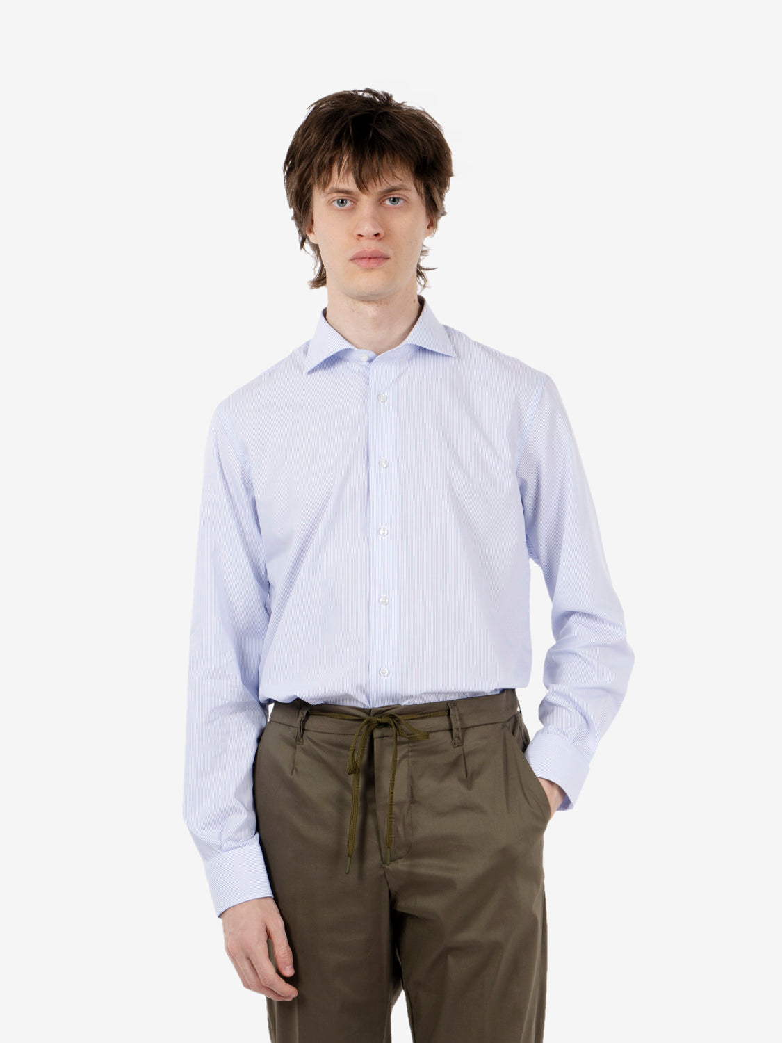 Camicia in cotone no stiro bianco / azzurro