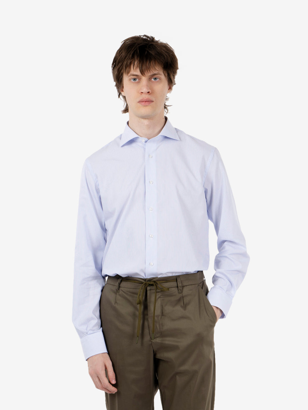 Camicia in cotone no stiro bianco / azzurro