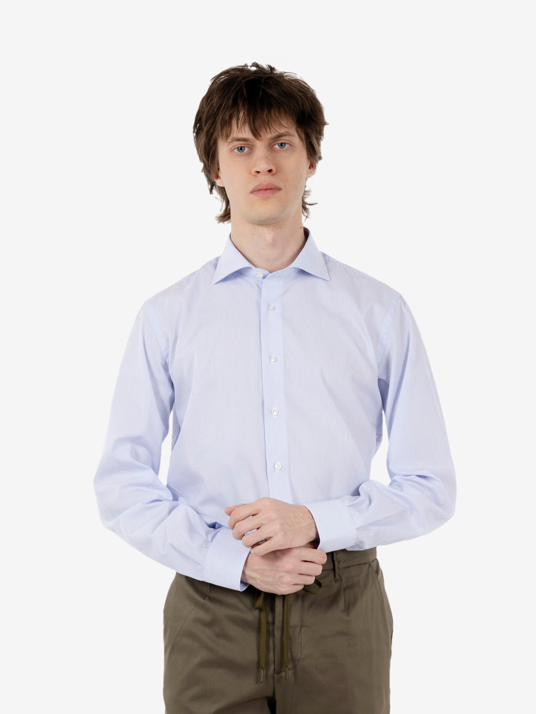 Camicia in cotone no stiro bianco / azzurro