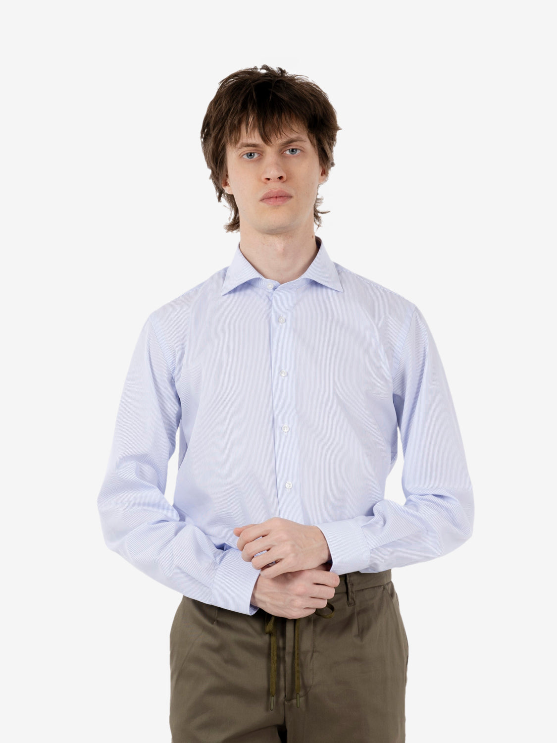 Camicia in cotone no stiro bianco / azzurro