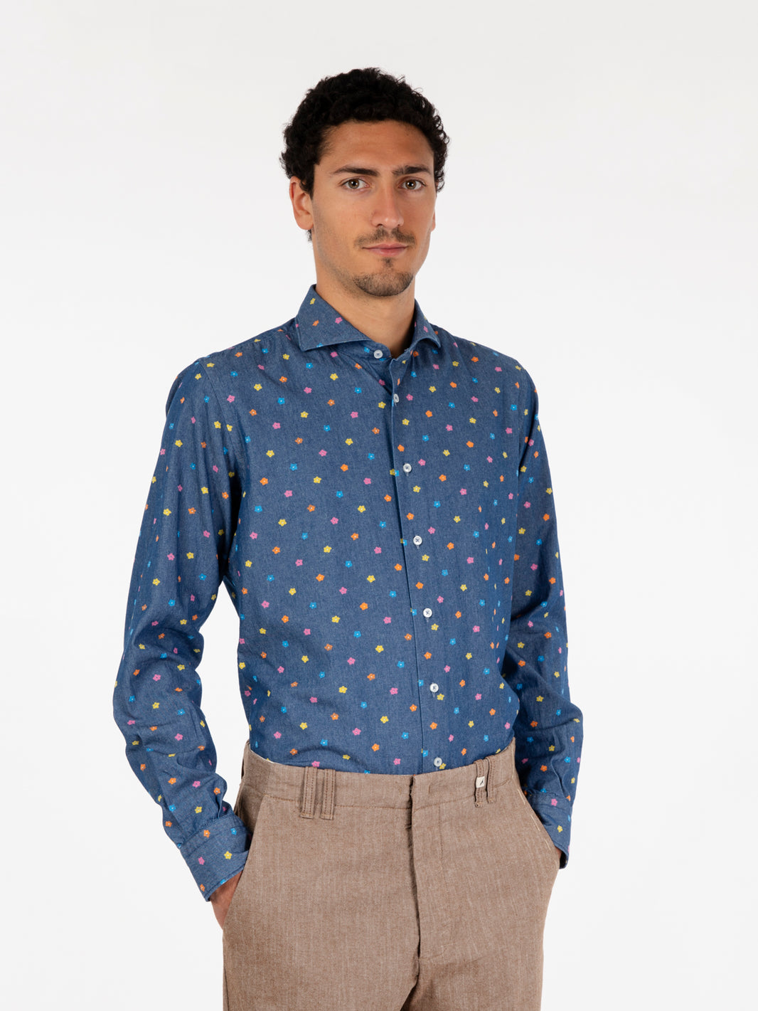 Denim shirt with medium flower