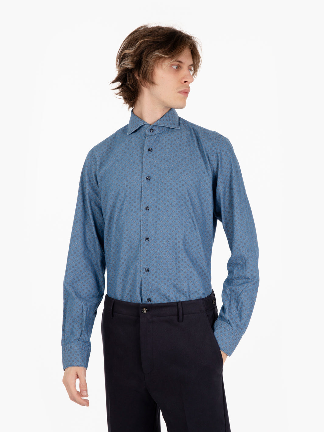 Blue flower print denim shirt