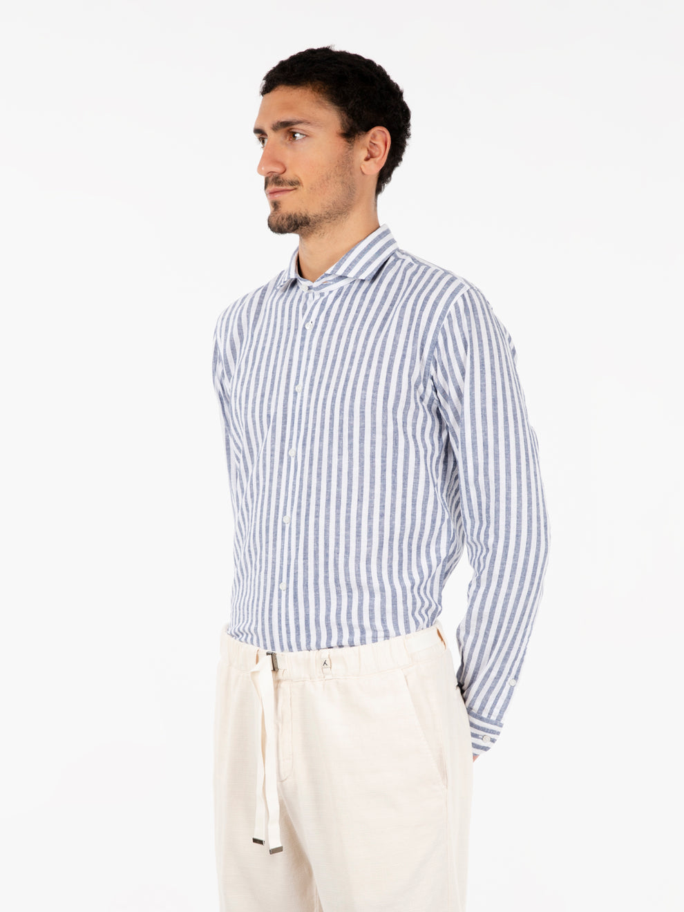 Camicia in lino a righe blu / bianco
