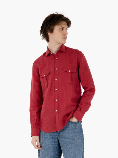 Camicia in lino con doppie tasche Sahariana bordeaux
