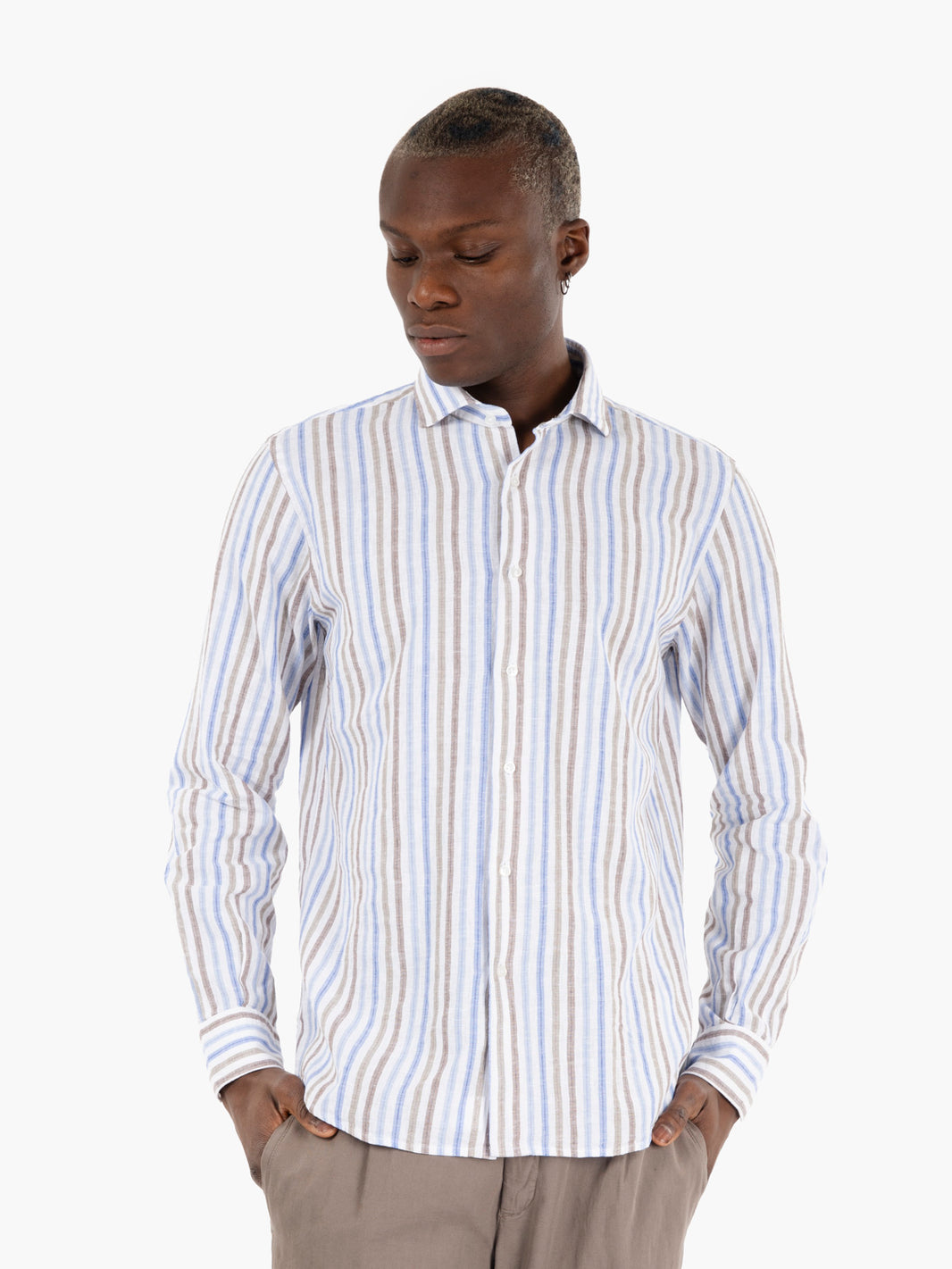 Camicia in lino e cotone moro / azzurro