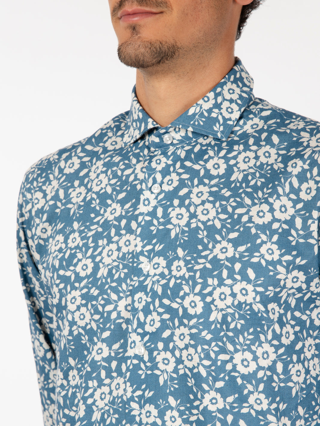 Blue floral patterned linen and viscose shirt