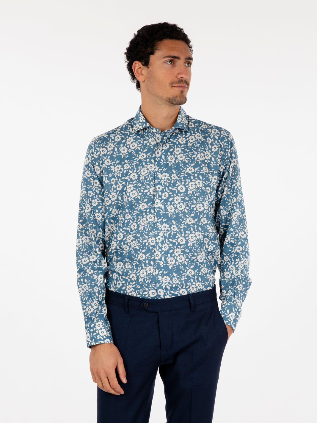 Blue floral patterned linen and viscose shirt
