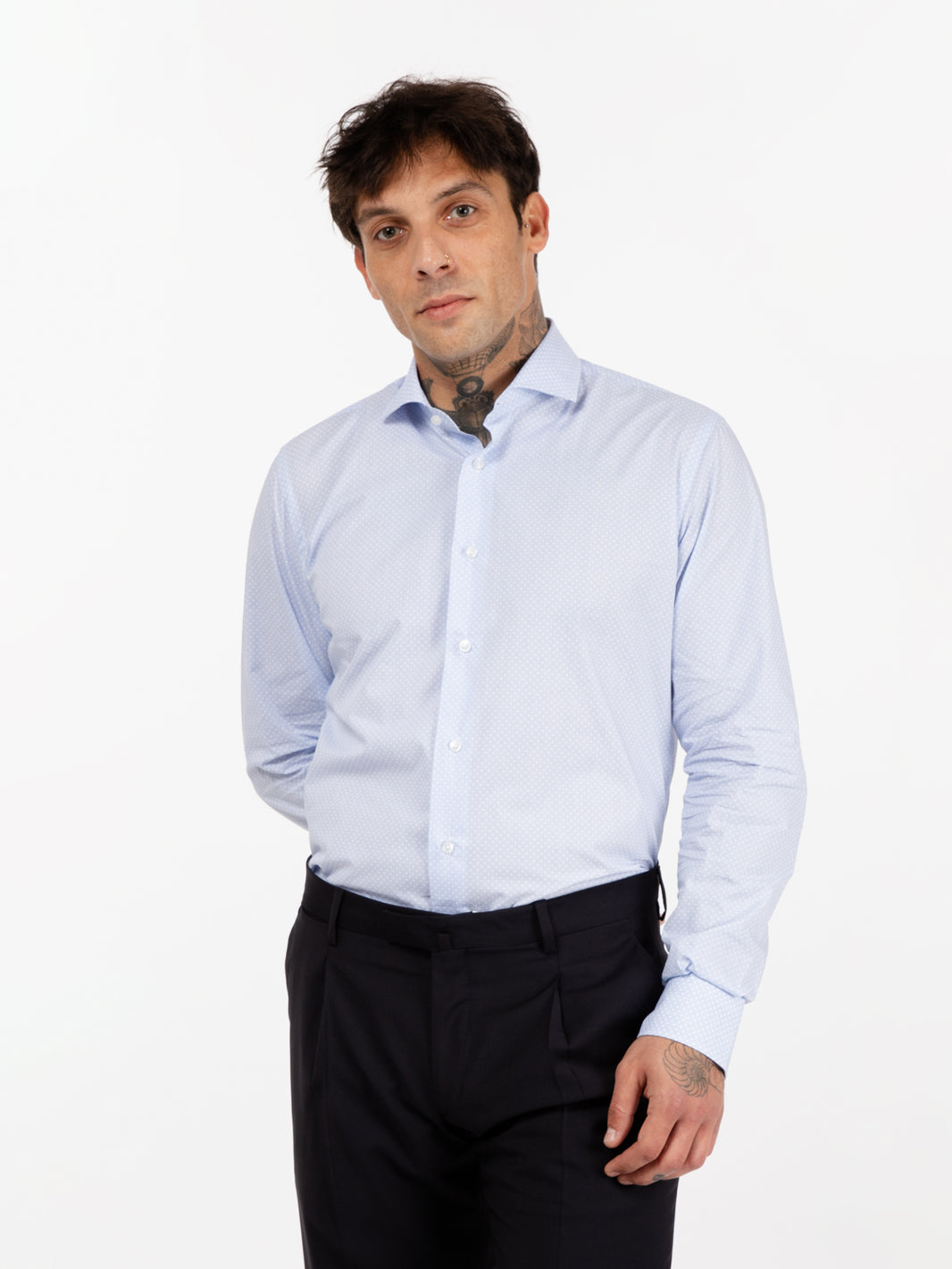 White/light blue micro polka dot shirt