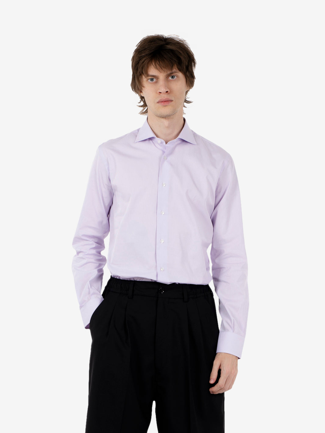 Camicia micro righe lilla/ bianco