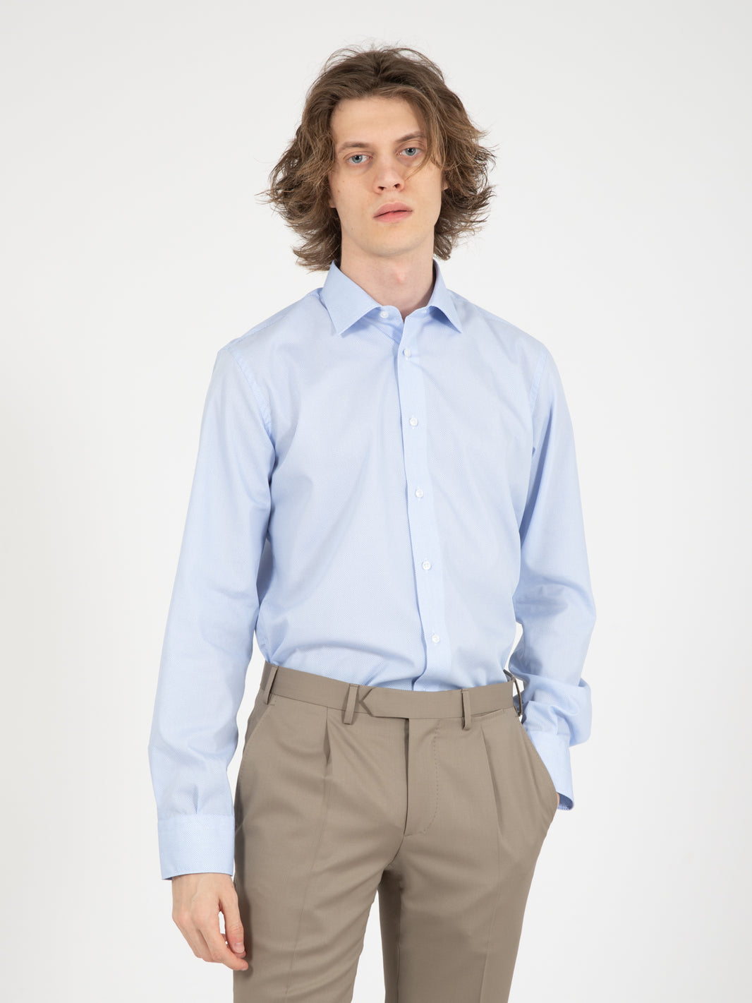 Camicia No Iron microfantasia bianco / azzurro